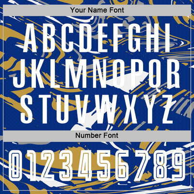 Custom Figure White Royal-Old Gold Fluid Art Splash Sublimation Soccer Uniform Jersey