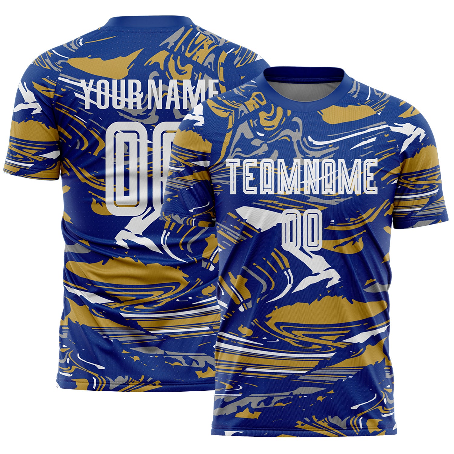 Custom Figure White Royal-Old Gold Fluid Art Splash Sublimation Soccer Uniform Jersey