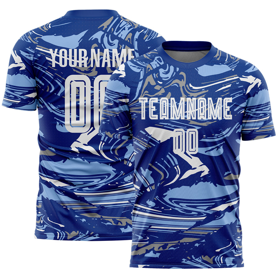 Custom Figure White Royal-Light Blue Fluid Art Splash Sublimation Soccer Uniform Jersey
