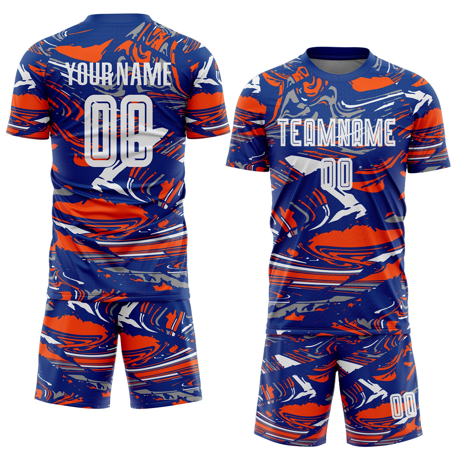 Custom Figure White Royal-Orange Fluid Art Splash Sublimation Soccer Uniform Jersey
