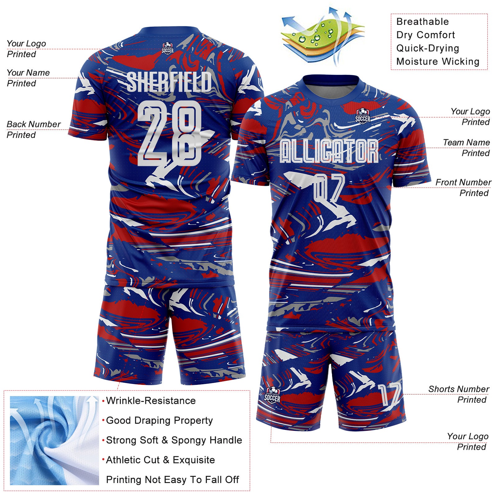 Custom Figure White Royal-Red Fluid Art Splash Sublimation Soccer Uniform Jersey