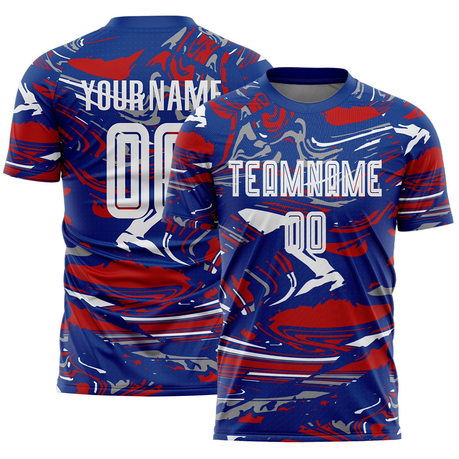 Custom Figure White Royal-Red Fluid Art Splash Sublimation Soccer Uniform Jersey