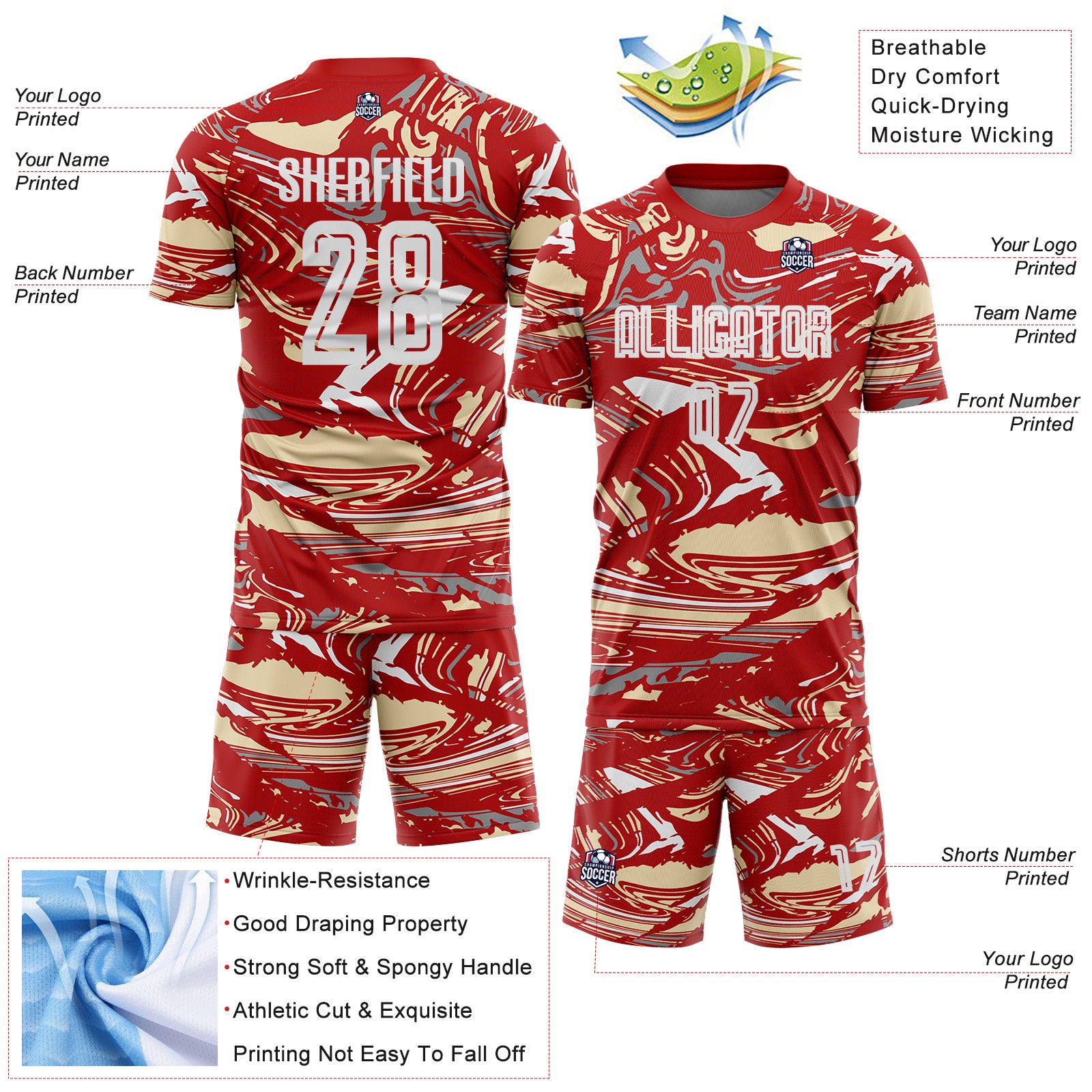 Custom Figure White Red-Cream Fluid Art Splash Sublimation Soccer Uniform Jersey