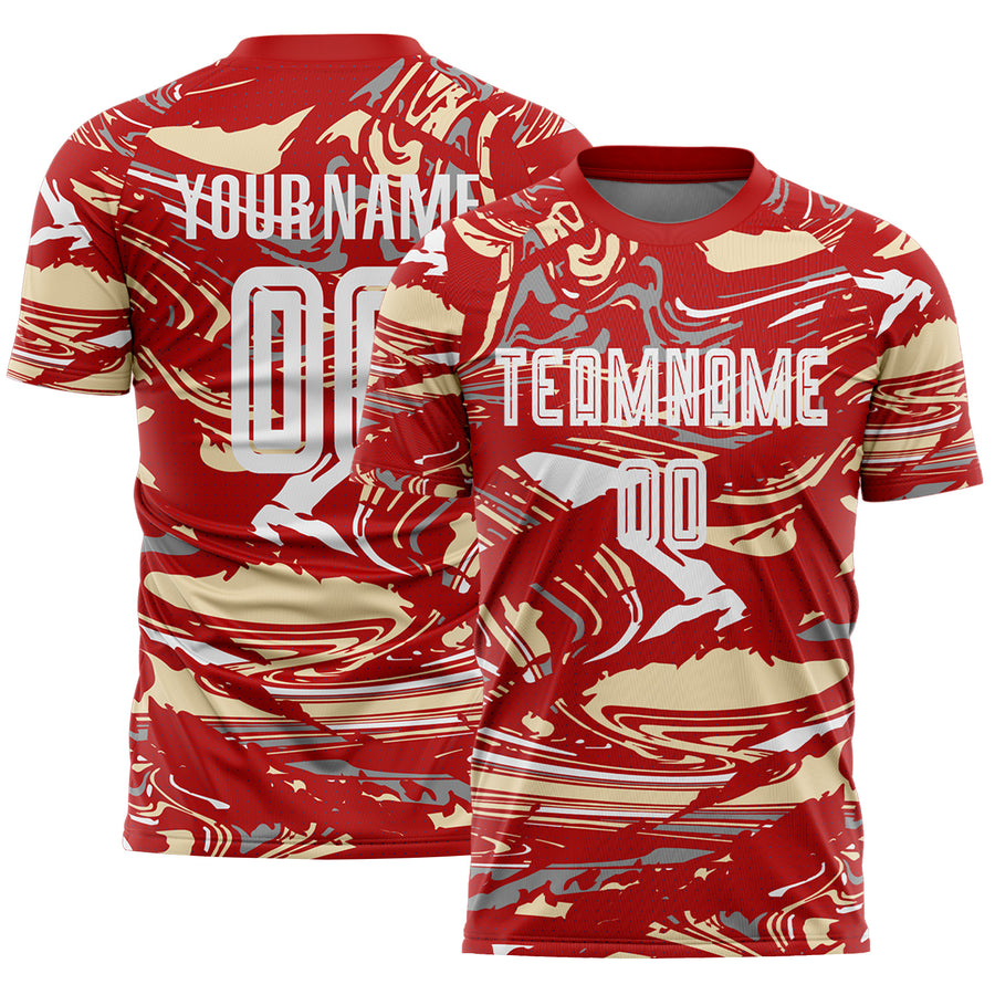 Custom Figure White Red-Cream Fluid Art Splash Sublimation Soccer Uniform Jersey