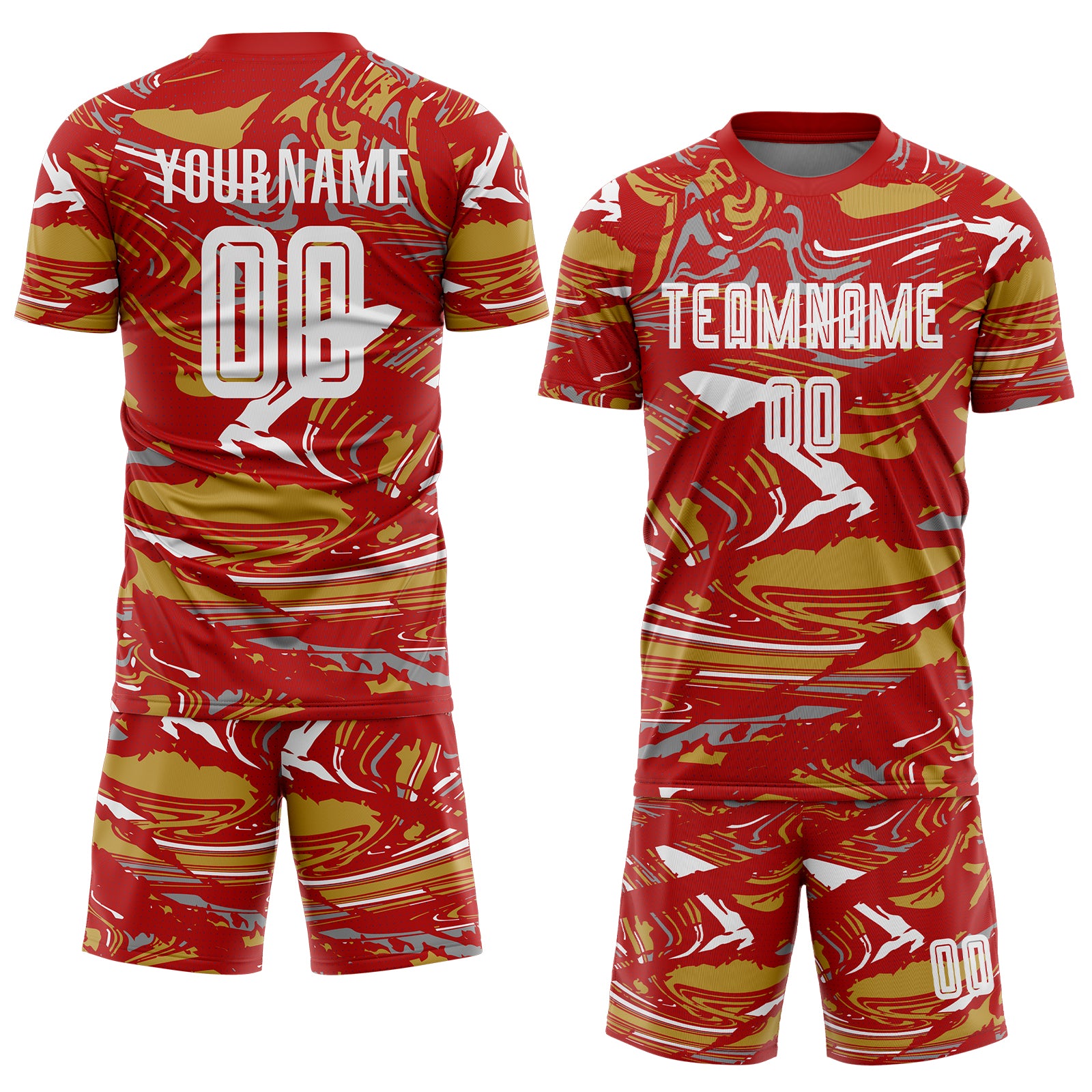 Custom Figure White Red-Old Gold Fluid Art Splash Sublimation Soccer Uniform Jersey