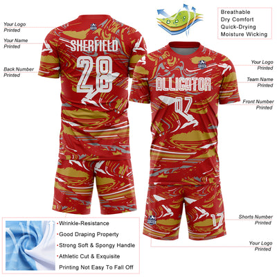 Custom Figure White Red-Old Gold Fluid Art Splash Sublimation Soccer Uniform Jersey