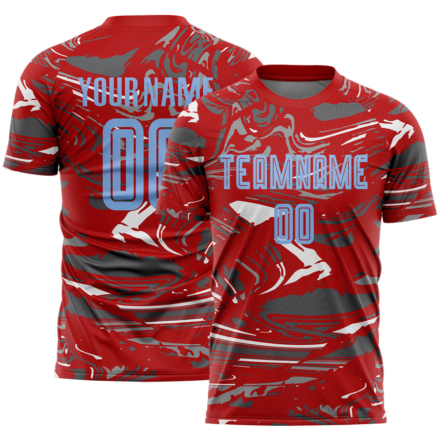 Custom Figure Light Blue Red-Steel Gray Fluid Art Splash Sublimation Soccer Uniform Jersey