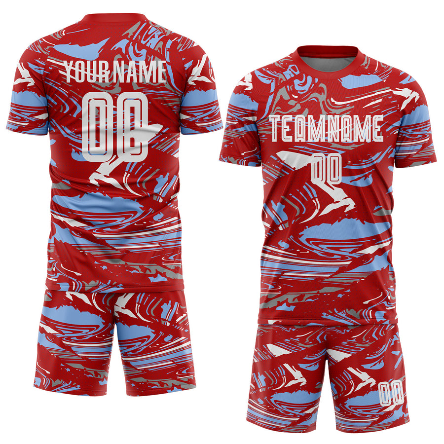 Custom Figure White Red-Light Blue Fluid Art Splash Sublimation Soccer Uniform Jersey