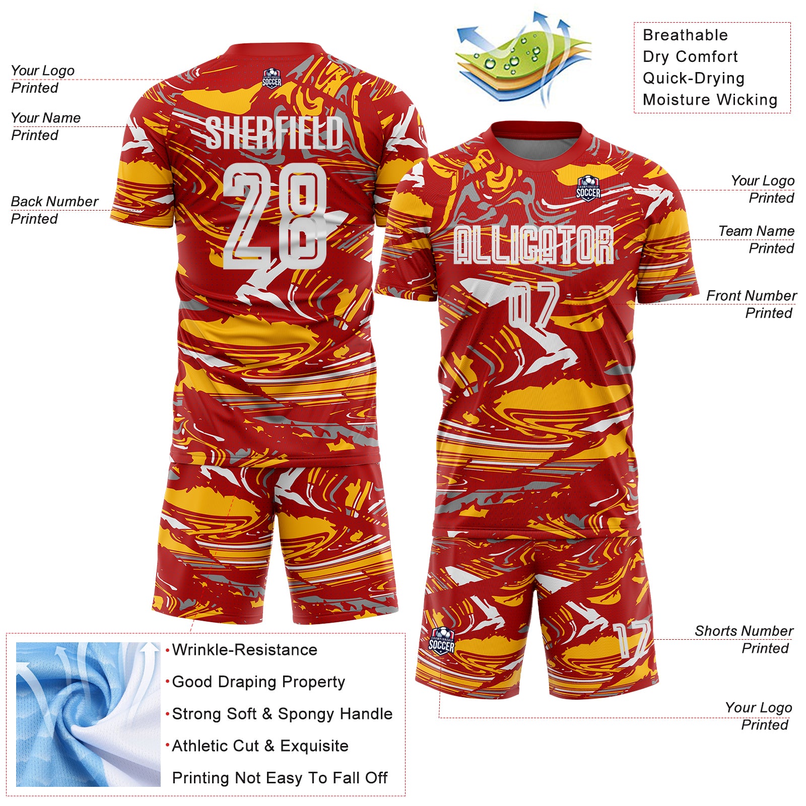 Custom Figure Light Blue Red-Gold Fluid Art Splash Sublimation Soccer Uniform Jersey