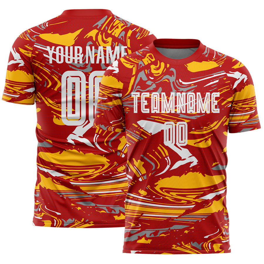Custom Figure Light Blue Red-Gold Fluid Art Splash Sublimation Soccer Uniform Jersey