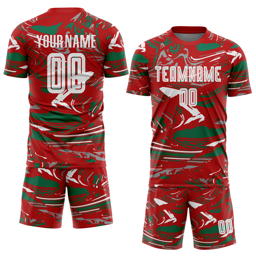 Custom Figure Light Blue Red-Kelly Green Fluid Art Splash Sublimation Soccer Uniform Jersey