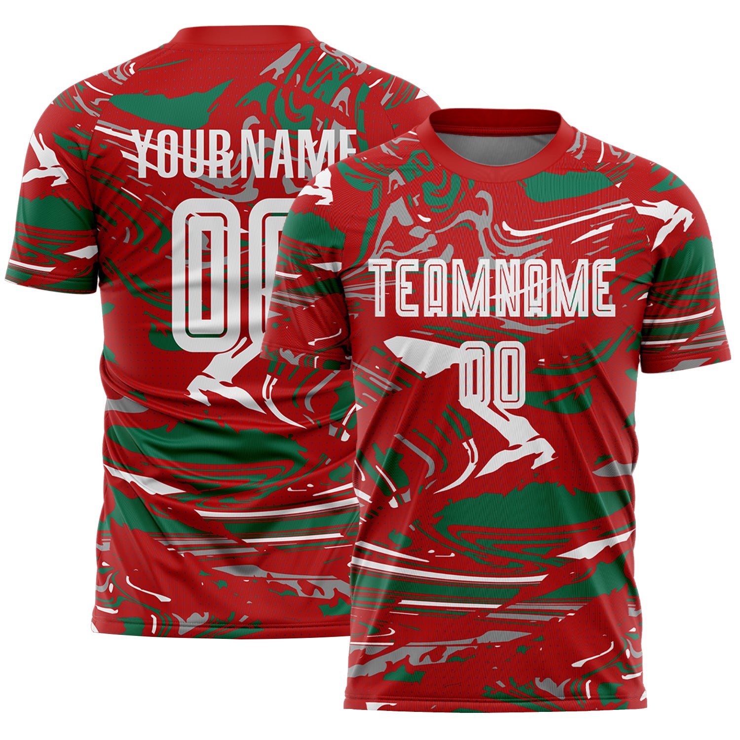 Custom Figure Light Blue Red-Kelly Green Fluid Art Splash Sublimation Soccer Uniform Jersey