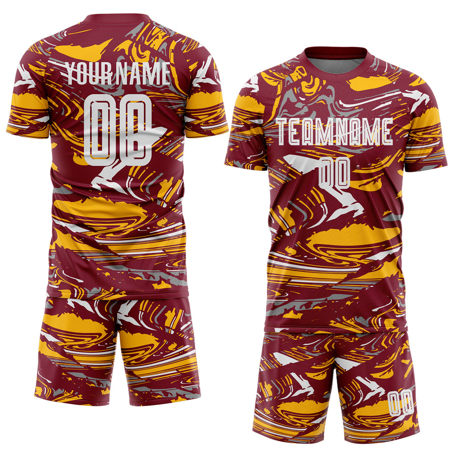 Custom Figure White Crimson-Gold Fluid Art Splash Sublimation Soccer Uniform Jersey
