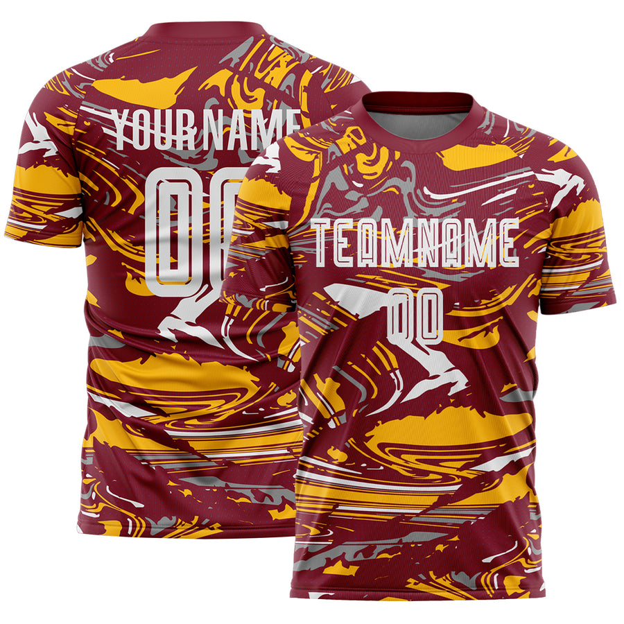 Custom Figure White Crimson-Gold Fluid Art Splash Sublimation Soccer Uniform Jersey
