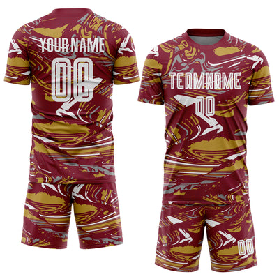 Custom Figure White Crimson-Old Gold Fluid Art Splash Sublimation Soccer Uniform Jersey