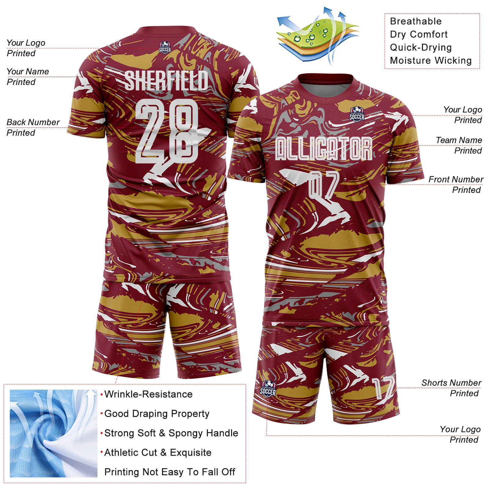 Custom Figure White Crimson-Old Gold Fluid Art Splash Sublimation Soccer Uniform Jersey