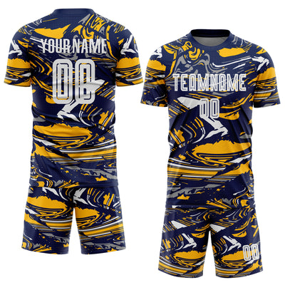 Custom Figure White Navy-Gold Fluid Art Splash Sublimation Soccer Uniform Jersey