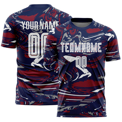 Custom Figure White Navy-Crimson Fluid Art Splash Sublimation Soccer Uniform Jersey