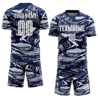 Custom Figure White Navy-Silver Fluid Art Splash Sublimation Soccer Uniform Jersey