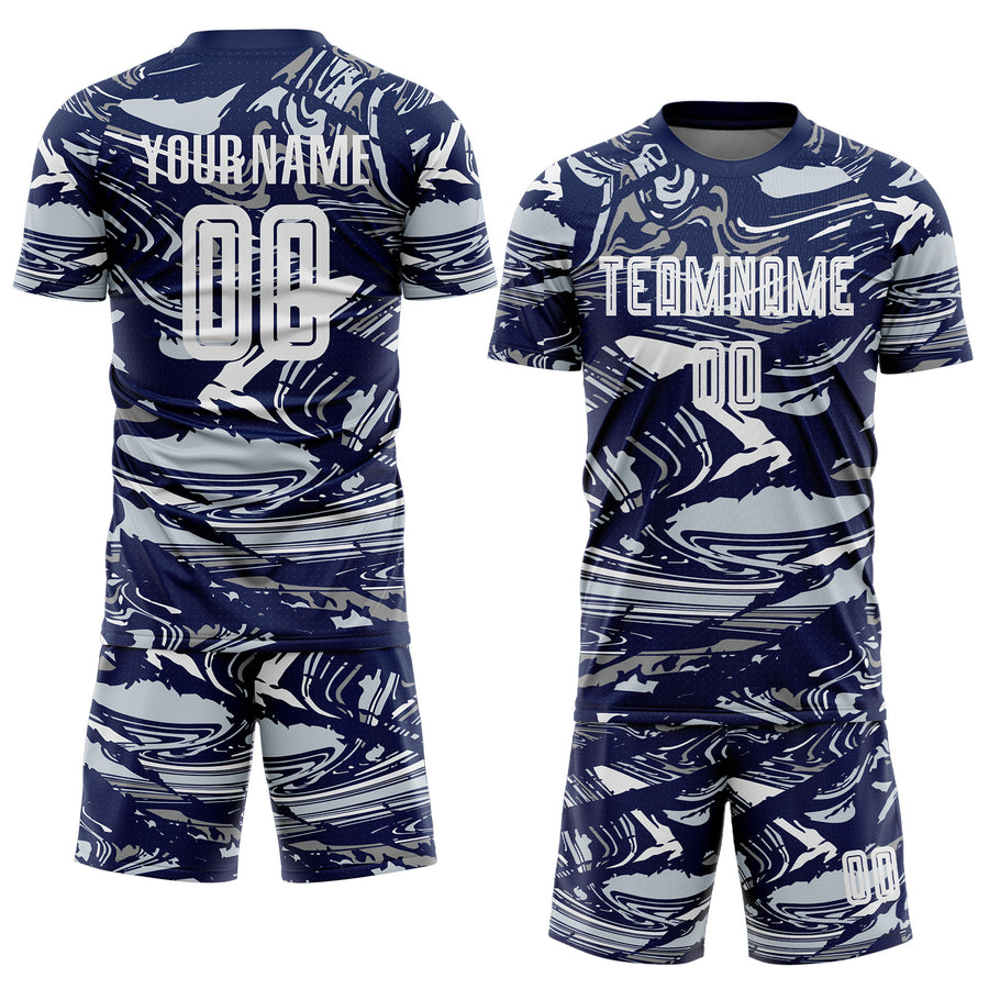 Custom Figure White Navy-Silver Fluid Art Splash Sublimation Soccer Uniform Jersey