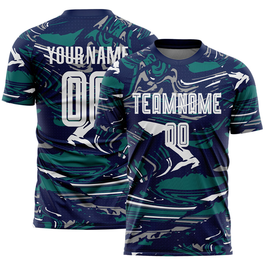 Custom Figure White Navy-Teal Fluid Art Splash Sublimation Soccer Uniform Jersey