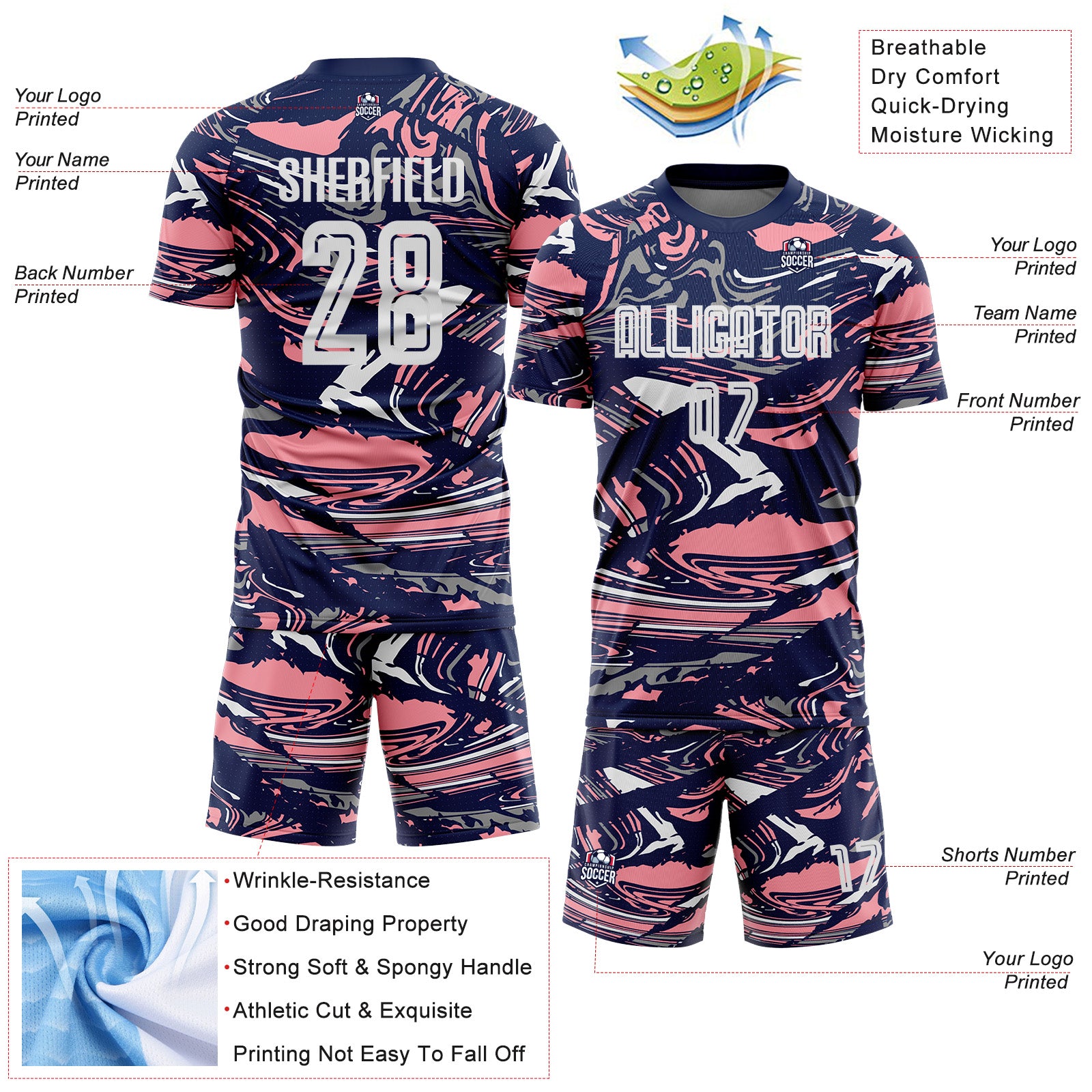 Custom Figure White Navy-Medium Pink Fluid Art Splash Sublimation Soccer Uniform Jersey