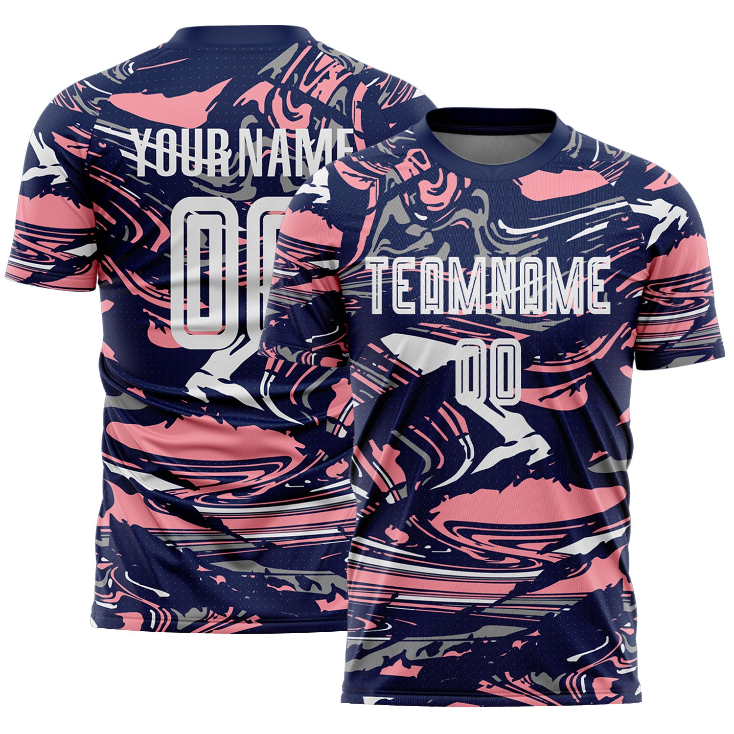 Custom Figure White Navy-Medium Pink Fluid Art Splash Sublimation Soccer Uniform Jersey