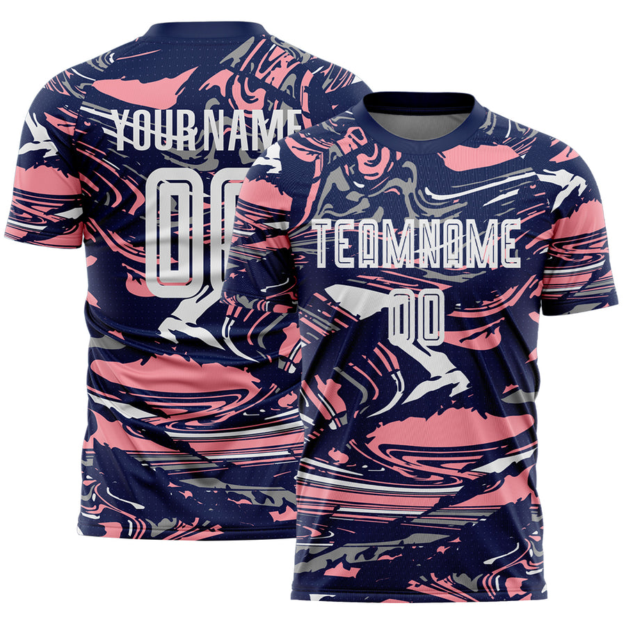 Custom Figure White Navy-Medium Pink Fluid Art Splash Sublimation Soccer Uniform Jersey