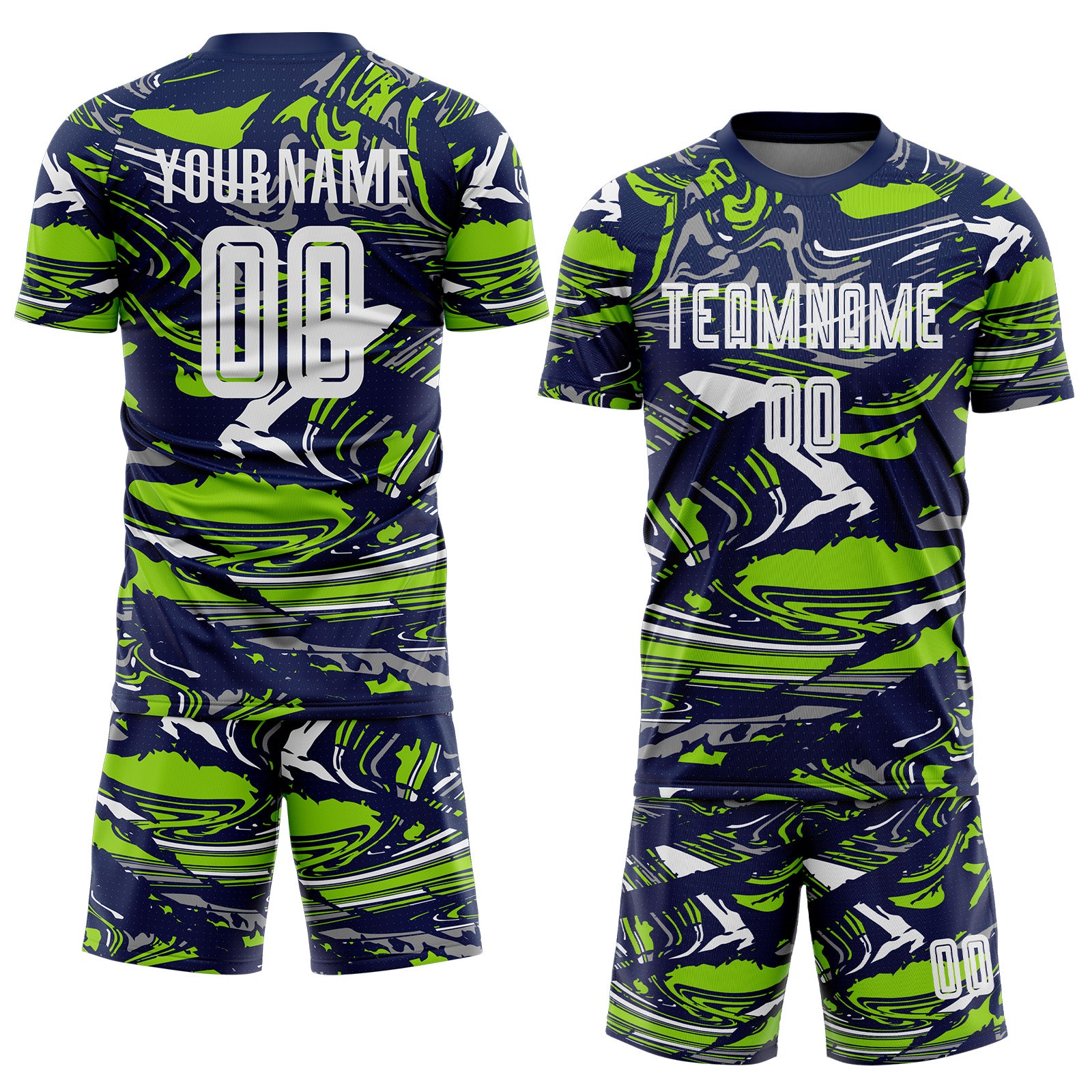 Custom Figure White Navy-Neon Green Fluid Art Splash Sublimation Soccer Uniform Jersey
