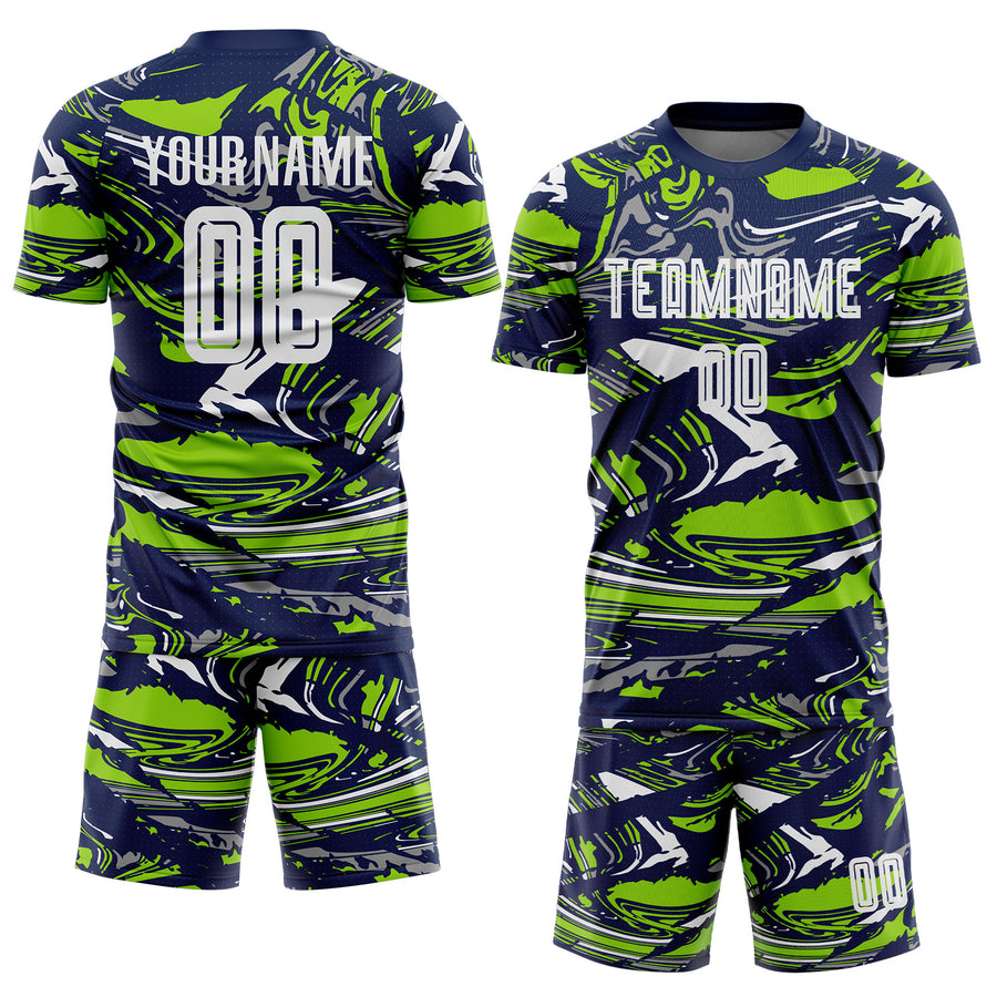 Custom Figure White Navy-Neon Green Fluid Art Splash Sublimation Soccer Uniform Jersey