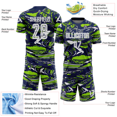 Custom Figure White Navy-Neon Green Fluid Art Splash Sublimation Soccer Uniform Jersey