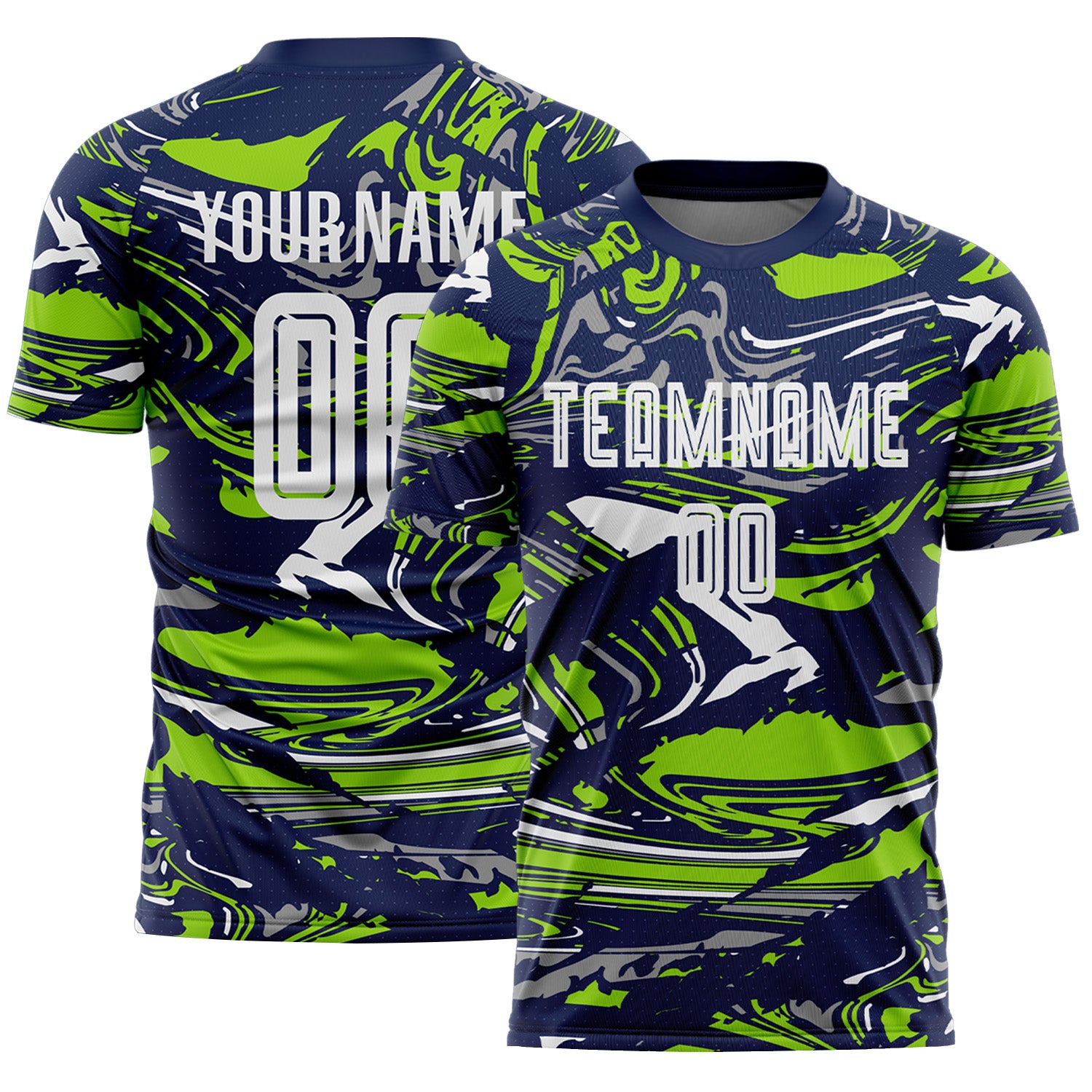 Custom Figure White Navy-Neon Green Fluid Art Splash Sublimation Soccer Uniform Jersey
