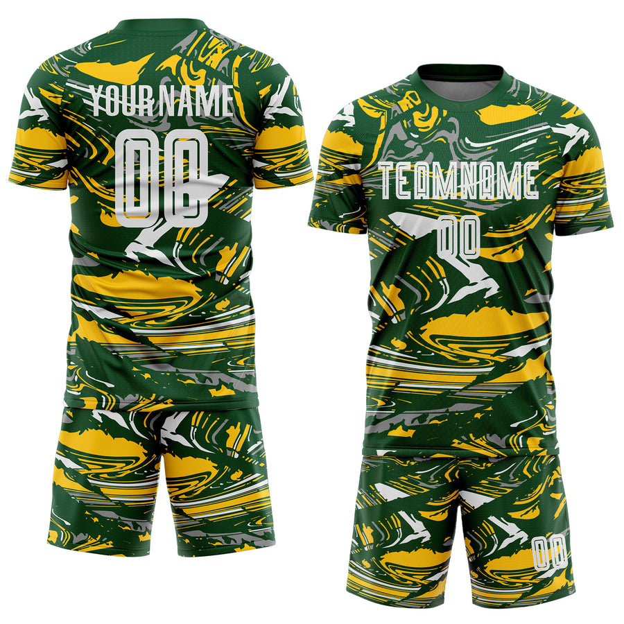 Custom Figure White Green-Yellow Fluid Art Splash Sublimation Soccer Uniform Jersey