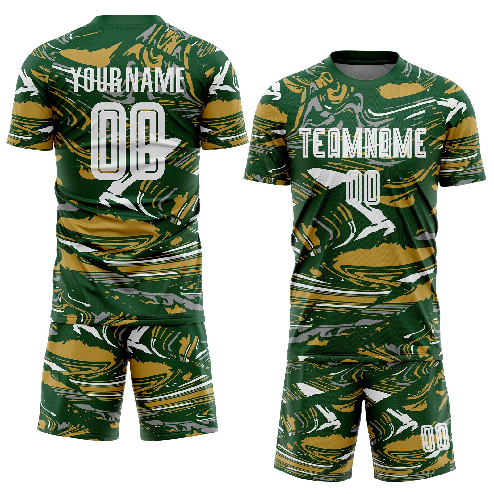 Custom Figure White Green-Old Gold Fluid Art Splash Sublimation Soccer Uniform Jersey