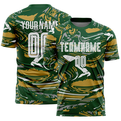 Custom Figure White Green-Old Gold Fluid Art Splash Sublimation Soccer Uniform Jersey