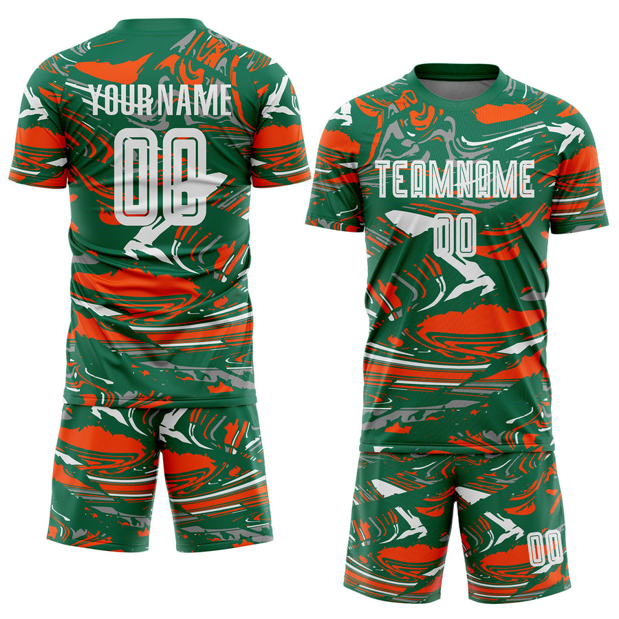 Custom Figure White Kelly Green-Orang Fluid Art Splash Sublimation Soccer Uniform Jersey