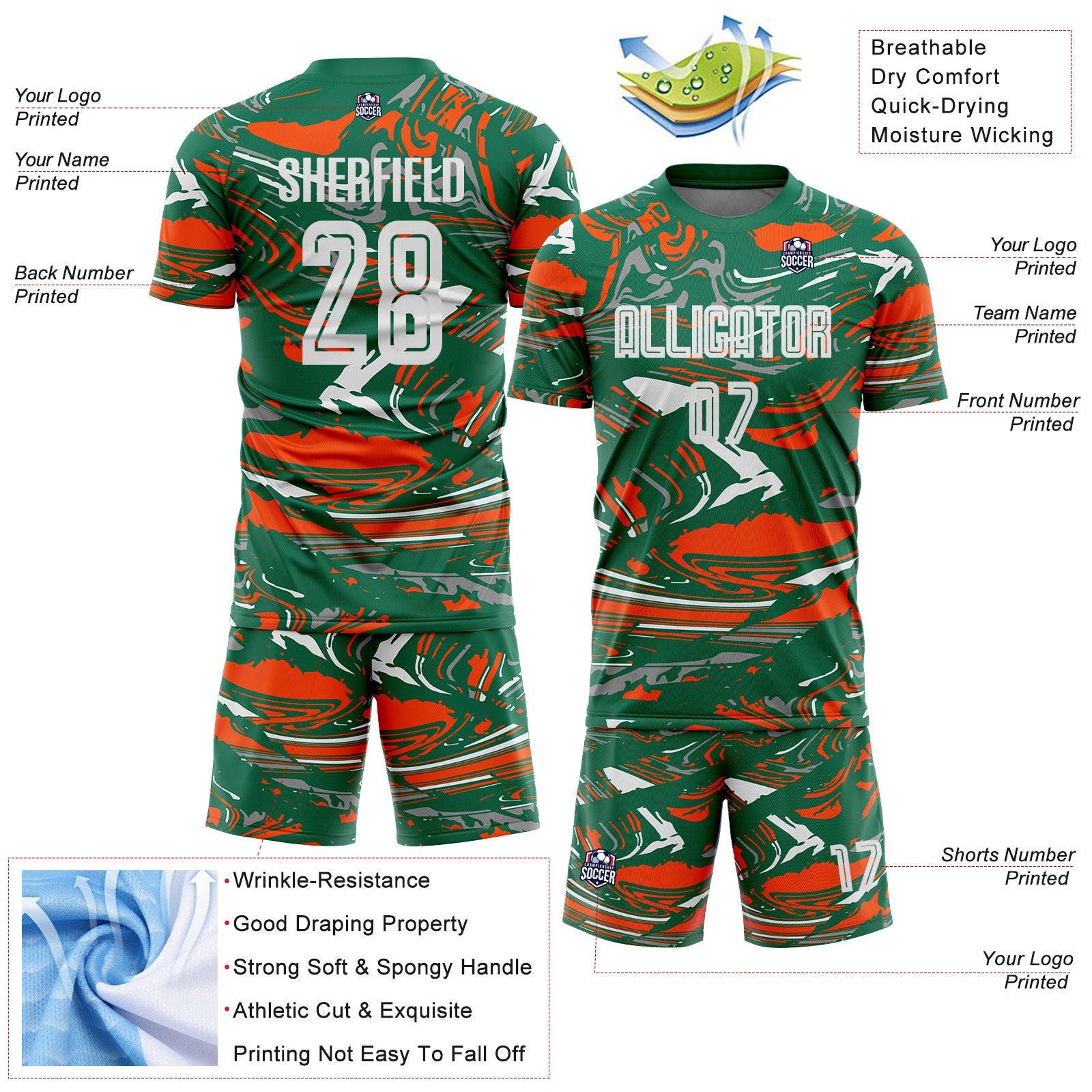Custom Figure White Kelly Green-Orang Fluid Art Splash Sublimation Soccer Uniform Jersey