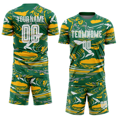 Custom Figure White Kelly Green-Gold Fluid Art Splash Sublimation Soccer Uniform Jersey