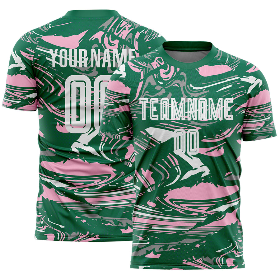 Custom Figure White Kelly Green-Light Pink Fluid Art Splash Sublimation Soccer Uniform Jersey