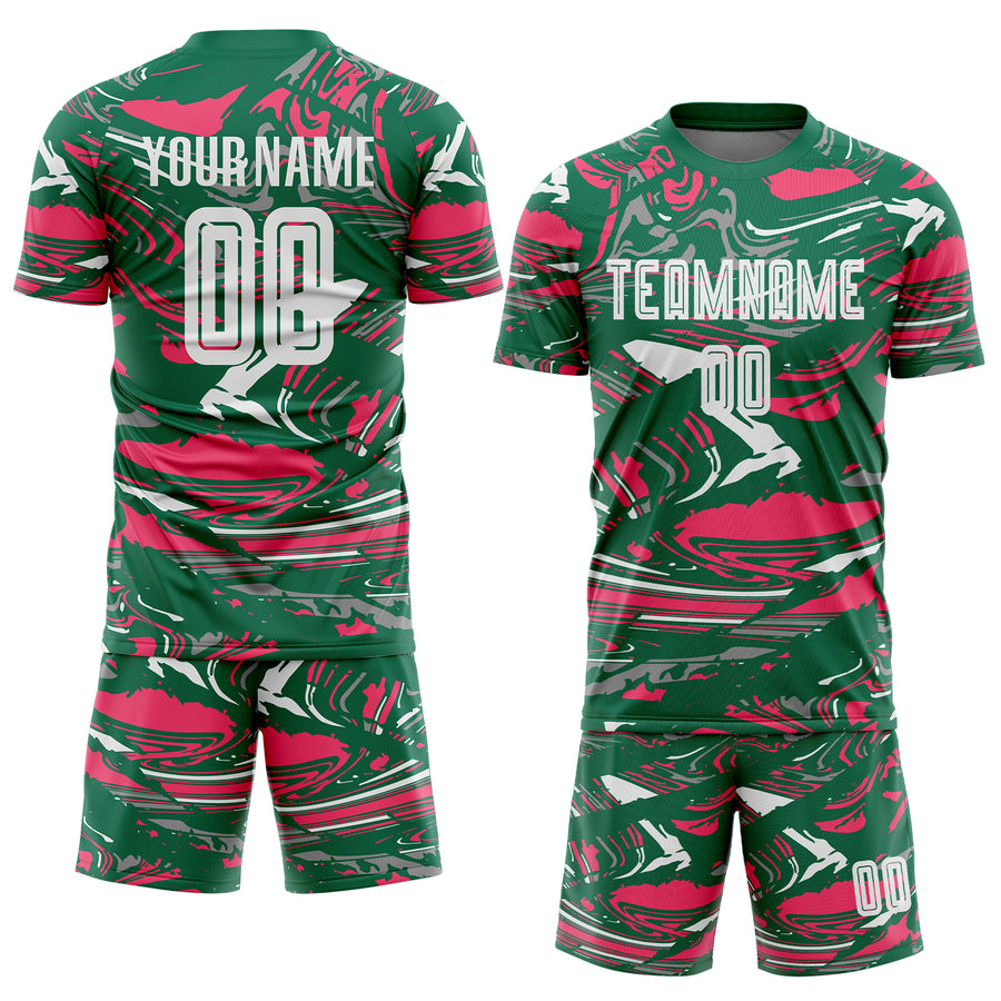 Custom Figure White Kelly Green-Neon Pink Fluid Art Splash Sublimation Soccer Uniform Jersey