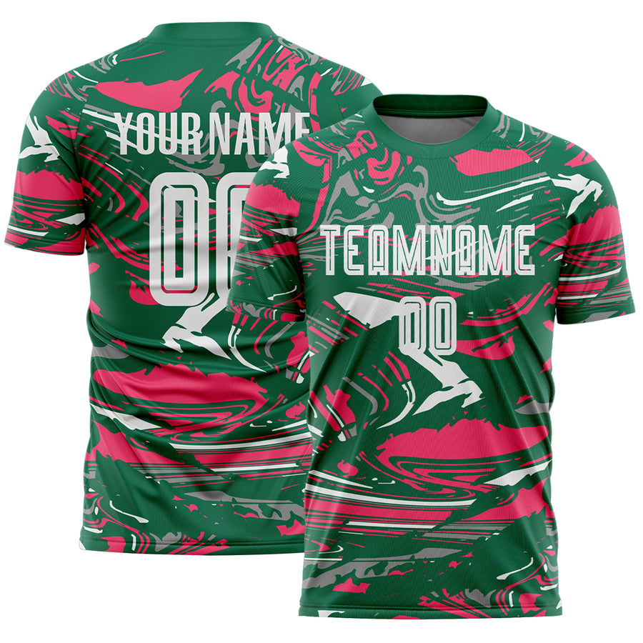 Custom Figure White Kelly Green-Neon Pink Fluid Art Splash Sublimation Soccer Uniform Jersey