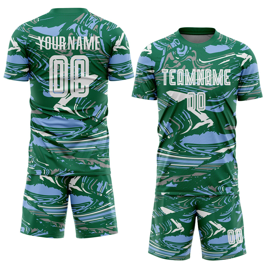 Custom Figure White Kelly Green-Light Blue Fluid Art Splash Sublimation Soccer Uniform Jersey