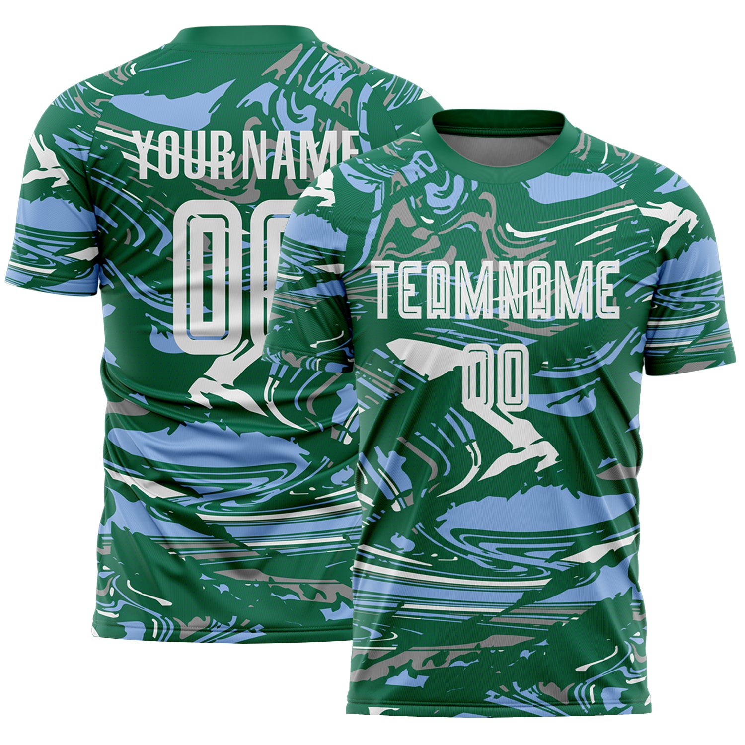 Custom Figure White Kelly Green-Light Blue Fluid Art Splash Sublimation Soccer Uniform Jersey