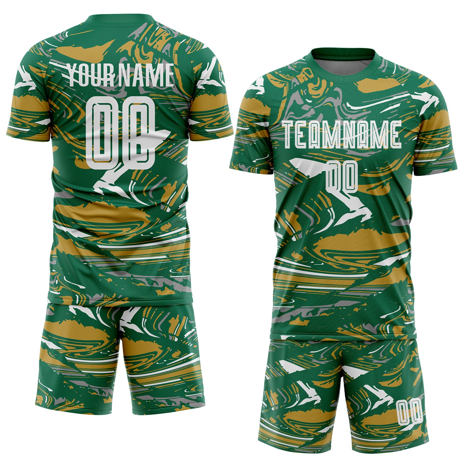 Custom Figure White Kelly Green-Old Gold Fluid Art Splash Sublimation Soccer Uniform Jersey