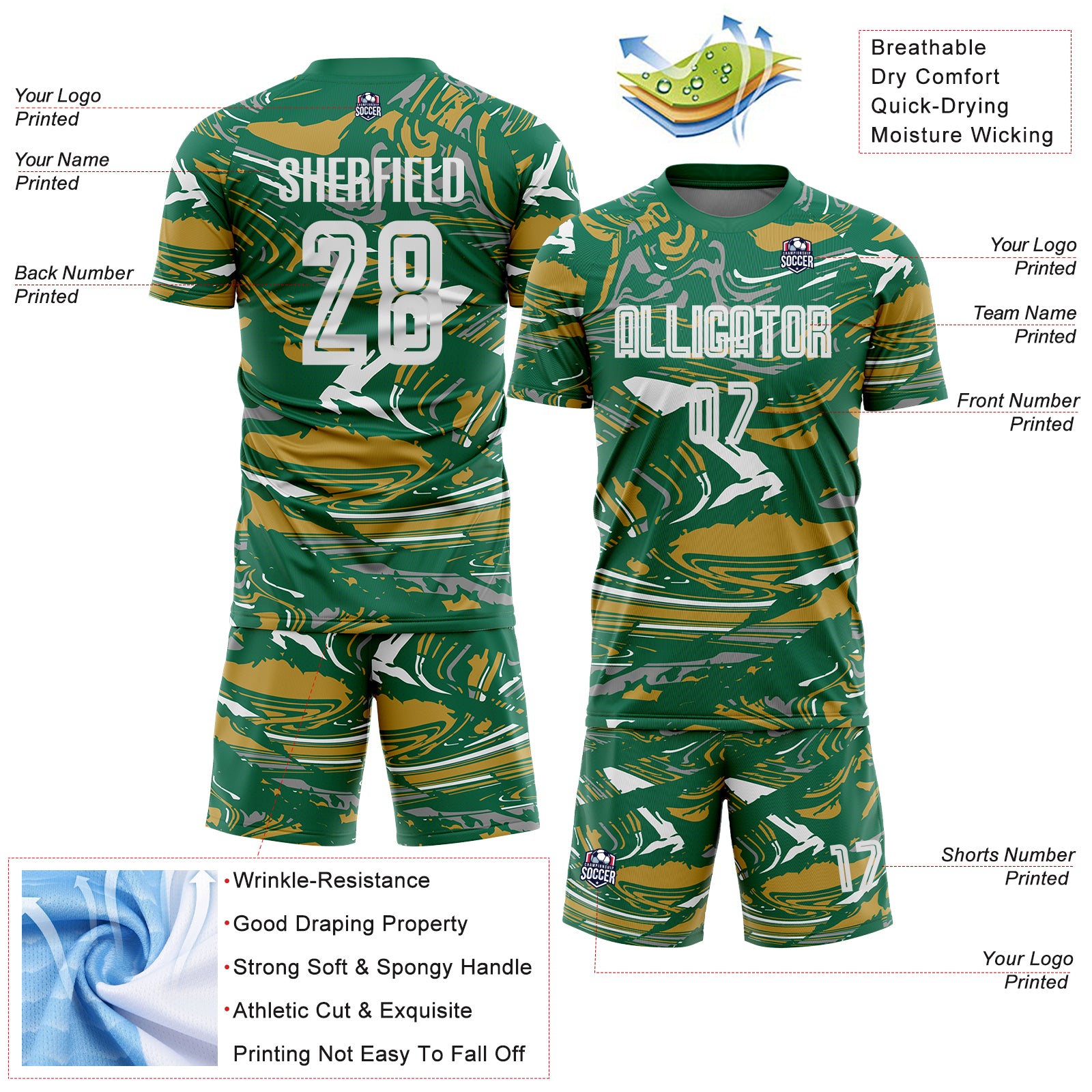 Custom Figure White Kelly Green-Old Gold Fluid Art Splash Sublimation Soccer Uniform Jersey