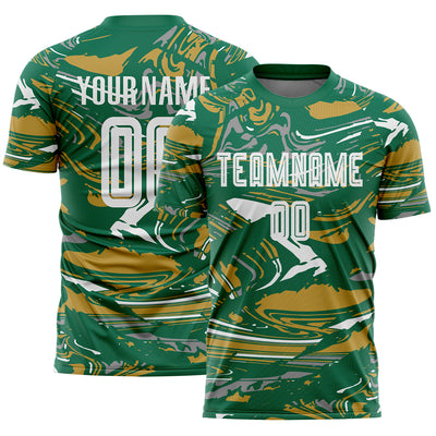 Custom Figure White Kelly Green-Old Gold Fluid Art Splash Sublimation Soccer Uniform Jersey