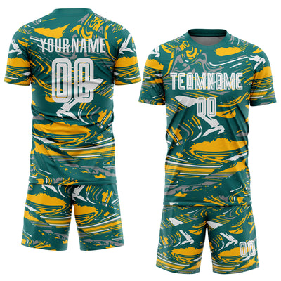 Custom Figure White Teal-Gold Fluid Art Splash Sublimation Soccer Uniform Jersey