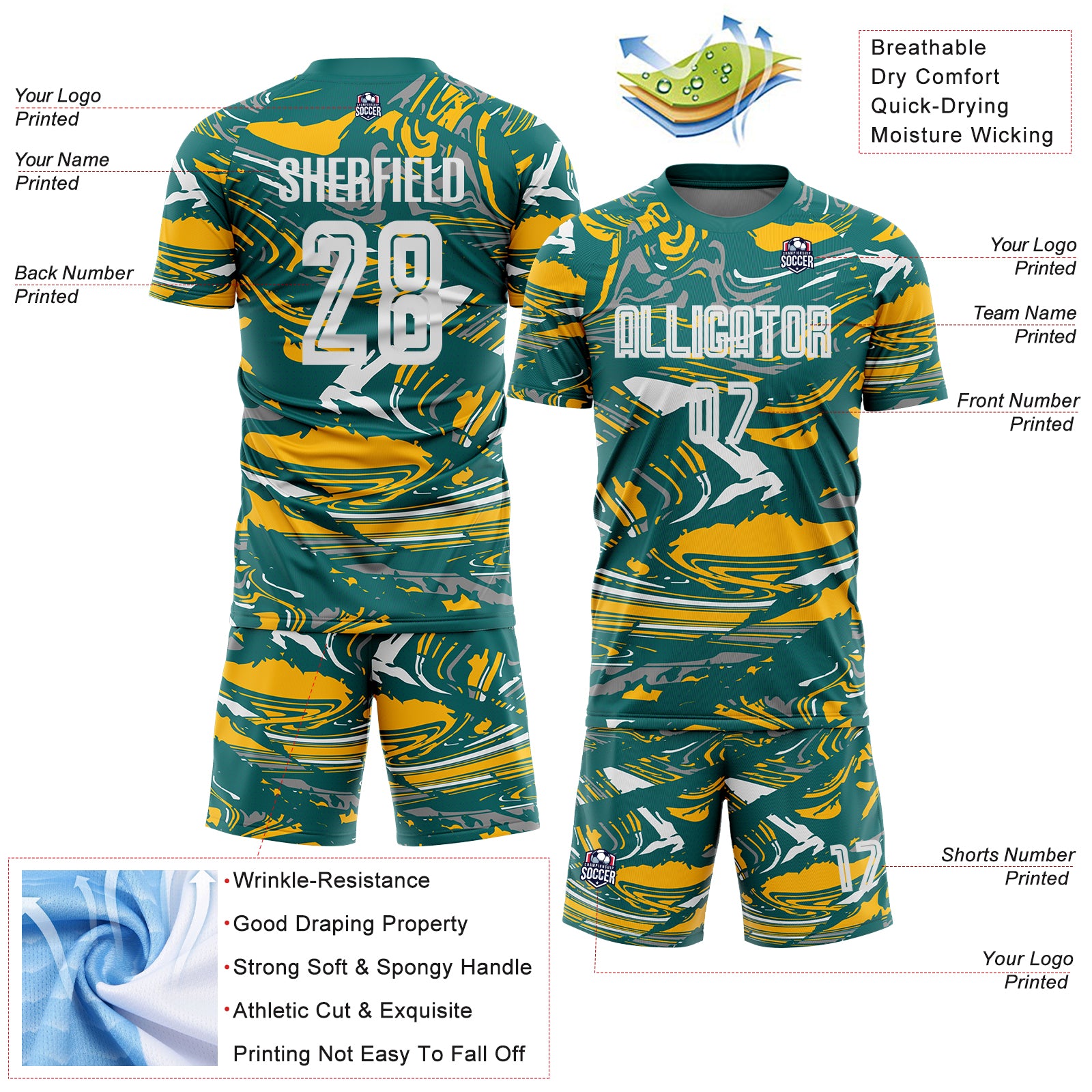 Custom Figure White Teal-Gold Fluid Art Splash Sublimation Soccer Uniform Jersey