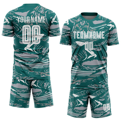Custom Figure White Teal-Gray Fluid Art Splash Sublimation Soccer Uniform Jersey