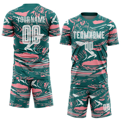 Custom Figure White Teal-Medium Pink Fluid Art Splash Sublimation Soccer Uniform Jersey